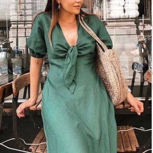 Zara green front tie midi linen blend dress